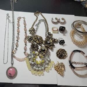 Statement Floral Multi-Chain Necklace with Yellow and Gold Tone Accents